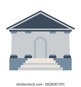 A building with a simple exterior featuring steps leading to an arched doorway and a triangular roof