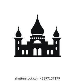 Building simple flat black and white icon logo, reminiscent of Taj Mahal, Building Urban Logo Silhouette Monochrome.