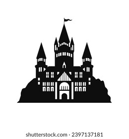 Building simple flat black and white icon logo, reminiscent of Neuschwanstein Castle, Landmark Historic Simple Logo Black and White.