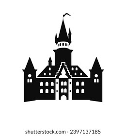 Building simple flat black and white icon logo, reminiscent of Neuschwanstein Castle, Historic Travel Design Vector BW.