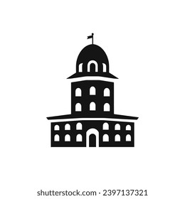 Building simple flat black and white icon logo, reminiscent of Leaning Tower of Pisa, City house Logo Minimalist BW.