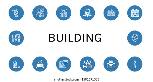 building simple icons set. Contains such icons as Big ben, Real estate, City, Smart house, Skytrain, Bank, Skyscraper, White house, Rating, can be used for web, mobile and logo