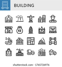 Building Simple Icons Set. Contains Such Icons As Window, Home Office, Power Plant, Christ The Redeemer, Military Base, Farmer, Monument, Can Be Used For Web, Mobile And Logo