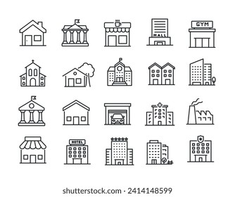 Building simple minimal thin line icons. Related skyscrapers, church, museum, school. Vector illustration.