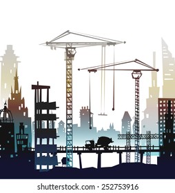 Building site with cranes, city background