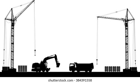 Building site with detailed silhouettes of construction machines on white background. Vector illustration