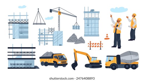 Building site elements. Houses under construction. Builders in helmets and uniforms. Different machinery. Lifting crane or concrete mixer truck. Housing development