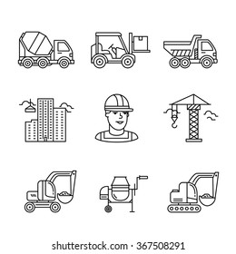 Building Site Engineering And Machinery. Thin Line Art Icons. Linear Style Illustrations Isolated On White.