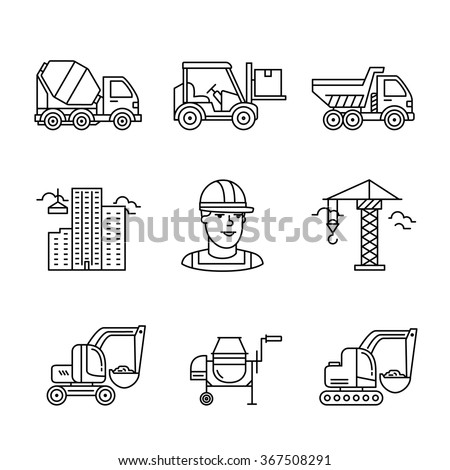 Building site engineering and machinery. Thin line art icons. Linear style illustrations isolated on white.