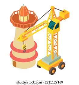 Building site icon isometric vector. Construction crane near big lighthouse icon. Building, repair, reconstruction