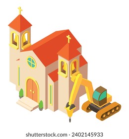 Building site icon isometric vector. Excavator hammer near church building icon. Drilling work, construction site