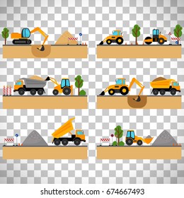 Building site machinery vector illustration. loader and excavator, digger and dumper isolated on transparent background