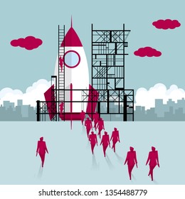 Building site, teamwork concept. A group of businessmen walked towards the rocket being built.