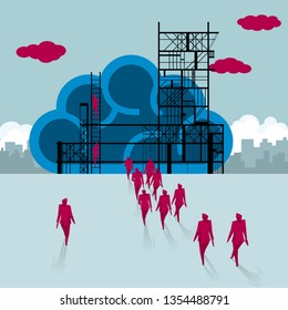Building site, teamwork concept. A group of businessmen walked towards the brain symbol being built.