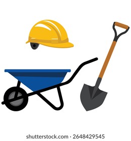 Building site tools and safety items collection isolated vector illustration on white background