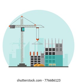 Building site work process under construction with cranes and machines.Vector illustration.