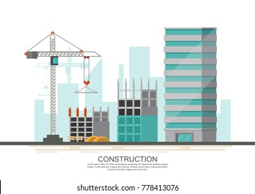 Building Site Work Process Under Construction With Cranes And Machines. Vector Illustration.