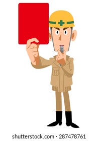 Building site workers showing the red card