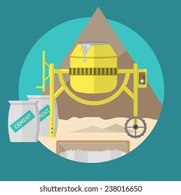 Building site with yellow concrete mixer, two gray cement bags and sand. Circle flat colored vector illustration on blue background.