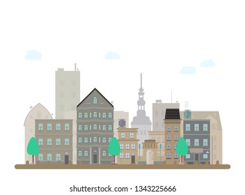 Building sity vector and skyscrapers on background. Flat vector linear illustration. Tree and street lamp. Trendy line style vector.
