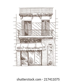 Building sketch with store, hand drawn, vector illustration