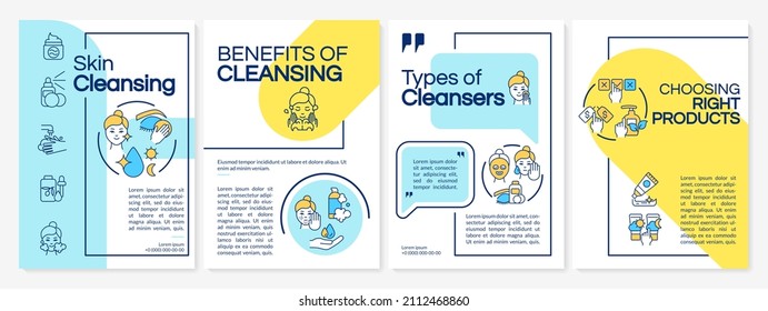 Building skincare routine blue and yellow brochure template. Booklet print design with linear icons. Vector layouts for presentation, annual reports, ads. Anton-Regular, Lato-Regular fonts used