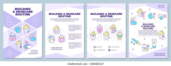 Building skincare routine purple brochure template. Booklet print design with linear icons. Vector layouts for presentation, annual reports, ads. Arial-Black, Myriad Pro-Regular fonts used