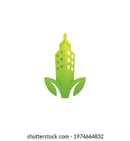 Building Skyscraper City and Green Leaf Logo