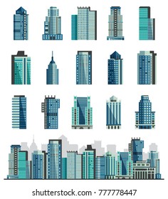 Building skyscraper or city skyline vector set cityscape with business officebuilding of commercial company and build architecture to high sky illustration isolated on white background