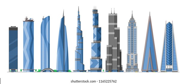 Building skyscraper in cityscape vector city skyline and business officebuilding of commercial company and build architecture to high sky set illustration isolated on white background