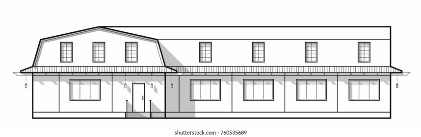 Building small hotels, the front of the house front view in thin line style. Architectural sketch, Black and white vector illustration.