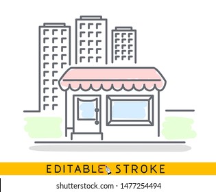 Building of small shop or company and big residential or business skyscrapers. Sketch line flat design of commerce architecture. Storefront illustration concept. Editable outlines stroke - Vector