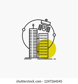 building, smart city, technology, satellite, corporation Line Icon