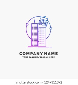building, smart city, technology, satellite, corporation Purple Business Logo Template. Place for Tagline