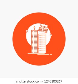 building, smart city, technology, satellite, corporation White Glyph Icon in Circle. Vector Button illustration