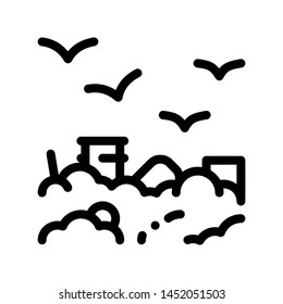 Building Smog And Birds Vector Thin Line Icon. City Town Environmental Pollution, Chemical, Industrial Smog Steam Linear Pictogram. Dirty Soil, Water, Air Contour Illustration