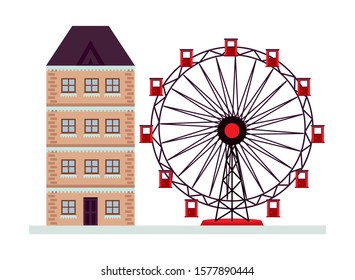 building with snow and panoramic wheel winter season vector illustration design