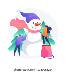 Building a snowman abstract concept vector illustration. Fun activity, winter season entertainment, Christmas holiday, building with snow, create snowman, family outdoor leisure abstract metaphor.