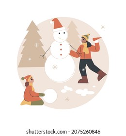 Building a snowman abstract concept vector illustration. Fun activity, winter season entertainment, Christmas holiday, building with snow, create snowman, family outdoor leisure abstract metaphor.