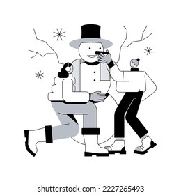 Construir una ilustración vectorial de concepto abstracto de muñeca de nieve. La actividad divertida, el entretenimiento en temporada de invierno, las vacaciones de Navidad, el edificio con nieve, crean una metáfora abstracta del ocio familiar al aire libre.