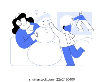 Building a snowman abstract concept vector illustration. Fun activity, winter season entertainment, Christmas holiday, building with snow, create snowman, family outdoor leisure abstract metaphor.