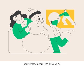 Building a snowman abstract concept vector illustration. Fun activity, winter season entertainment, Christmas holiday, building with snow, create snowman, family outdoor leisure abstract metaphor.
