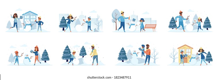 Building snowman bundle of scenes with flat people characters. Parents with kids making snowman outdoors at snowfall conceptual situations. Wintertime holidays vacation cartoon vector illustration.