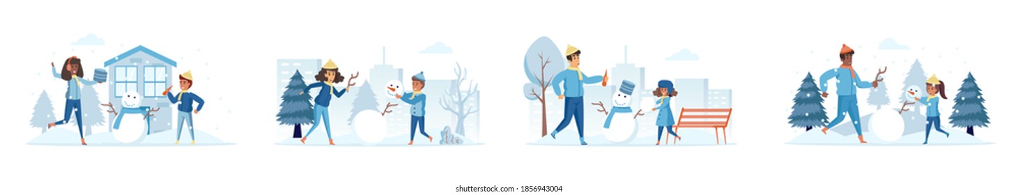 Building snowman bundle of scenes with flat people characters. Parents with kids making snowman outdoors at snowfall conceptual situations. Wintertime holidays vacation cartoon vector illustration.