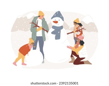 Building a snowman isolated concept vector illustration. Fun activity, winter season entertainment, Christmas holiday, building with snow, create snowman, family outdoor leisure vector concept.