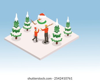 Building a Snowman in Winter Forest with Pine Trees and Snow 3d isometric vector illustration