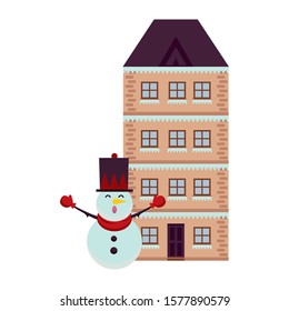 building with snowman winter season vector illustration design