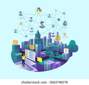 Building with social media network in isometric illustration