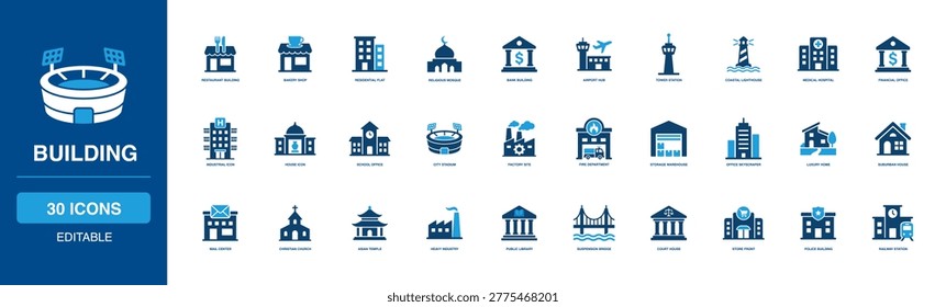 Building solid icon set with striking graphics for restaurant, bakery shop, residential flat, bank, airport hub, coastal lighthouse, medical hospital, skyscraper, and factory architectures.