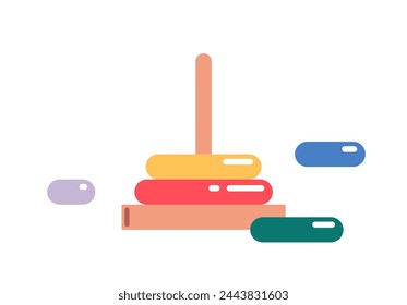 Building stack up ring tower, early child development educational game, kindergarten preschool educational items for childish play and learn kids flat vector illustration isolated on background.